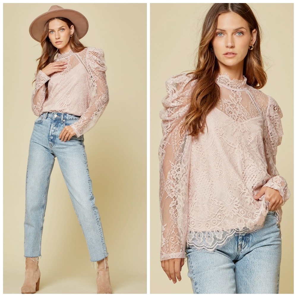 Savanna Jane Pink Puff Sleeve Lace Blouse NWT